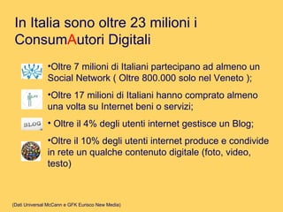 In Italia sono oltre 23 milioni i Consum A utori Digitali Oltre 7 milioni di Italiani partecipano ad almeno un Social Network ( Oltre 800.000 solo nel Veneto ); Oltre 17 milioni di Italiani hanno comprato almeno una volta su Internet beni o servizi; Oltre il 4% degli utenti internet gestisce un Blog;  Oltre il 10% degli utenti internet produce e condivide in rete un qualche contenuto digitale (foto, video, testo) (Dati Universal McCann e GFK Eurisco New Media) 