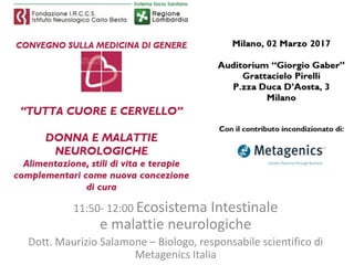 11:50- 12:00 Ecosistema Intestinale
e malattie neurologiche
Dott. Maurizio Salamone – Biologo, responsabile scientifico di
Metagenics Italia
 