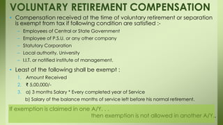 • Compensation received at the time of voluntary retirement or separation
is exempt from tax if following condition are satisfied :-
– Employees of Central or State Government
– Employee of P.S.U. or any other company
– Statutory Corporation
– Local authority, University
– I.I.T. or notified institute of management.
• Least of the following shall be exempt :
1. Amount Received
2. ₹ 5,00,000/-
3. a) 3 months Salary * Every completed year of Service
b) Salary of the balance months of service left before his normal retirement.
VOLUNTARY RETIREMENT COMPENSATION
If exemption is claimed in one A/Y. . .
then exemption is not allowed in another A/Y..
 