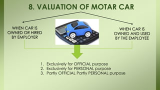 8. VALUATION OF MOTAR CAR
WHEN CAR IS
OWNED OR HIRED
BY EMPLOYER
WHEN CAR IS
OWNED AND USED
BY THE EMPLOYEE
1. Exclusively for OFFICIAL purpose
2. Exclusively for PERSONAL purpose
3. Partly OFFICIAL Partly PERSONAL purpose
 