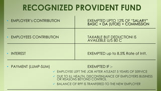 • EMPLOYER’s CONTRIBUTION EXEMPTED UPTO 12% OF “SALARY”
BASIC + DA (UTOE) + COMMISSION
• EMPLOYEES CONTRIBUTION TAXABLE BUT DEDUCTIONI IS
AVAILEBLE U/S 80 C
• INTEREST EXEMPTED up to 8.5% Rate of Intt.
• PAYMENT (LUMP-SUM) EXEMPTED IF :-
 EMPLOYEE LEFT THE JOB AFTER ATLEAST 5 YEARS OF SERVICE
 DUE TO ILL HEALTH, DISCONTINUANCE OF EMPLOYERS BUSINESS
OR REASONS BEYOND CONTROL
 BALANCE OF RPF IS TRANFERED TO THE NEW EMPLOYER
RECOGNIZED PROVIDENT FUND
 