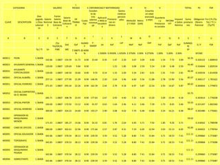 I.
         CATEGORIA                             SALARIO           RIESGO      II. ENFERMEDAD Y MATERNIDAD                III             IV              V                      TOTAL       PS      FSR
                                                                                Exceden                     Gastos                       Cesantía
                                                                                  te de                    médicos                        en edad
                              Dias            Factor                               tres Aplicació          pension                       avanzada Guardería
                                                        Salario
                            pagado Salario Salario                 DE                             Prestacio ados                                                      Impuest Suma Obligacion Fsr=[ Ps (Tp-
                                                       Base de          Cuota salarios n IMSS al                   INVALIDE Retiro         y vejez     sy      INFONA
 CLAVE      DESCRIPCION      s /Dias Nominal Base de             TRABAJ                            nes en                                                             o Sobre prestacio Obrero- Te) / Tl ] +
                                                       Cotizació         Fija mínimos excedent                      Z Y VIDA (SAR)                 Prestacion VIT
                            Laborad    $     Cotizacio             O                DF             dinero                                                             Nómina     nes    Patronal (Tp/Tl)
                                                           n                                e                                                      es sociales
                                os               n


                                                                                    I                             L                         O
   A             B             C       D          E         F      G         H                 J      K                  M        N                  P           Q        R          S         T         U

                                                  (Tp-                     HxSMD   F-                            LxF                      OxF                                     SUMA(G:
                                                           DxE    GxF            3SMDF        JxI     KxF                MxF      NxF                PxF        QxF       RxF                 S/F        FSR
                                               Te)/DICAL                     F                                                                                                      R)
                            Tp / Tl   Sn         FSBC      SBC   7.58875 20.4000                                                                                                    SP
                                                                    %       %               1.5000% 0.9500% 1.4250% 2.3750% 2.00% 4.2750%           1.00%       5.00%    2.00%               SP/SBC
MO011    PEON               1.36406                                                                                                                                                  50.35
                                      142.86     1.0807 154.39     11.72     8.90   23.44      0.35       1.47    2.20     3.67    3.09      6.60        1.54     7.72     3.09              0.326122   1.808910
MO021    AYUDANTE GENERAL 1.36406                                                                                                                                                    43.40
                                      120.00     1.0807 129.69      9.84     8.90                         1.23    1.85     3.08    2.59      5.54        1.30     6.48     2.59              0.334644   1.820534
         AYUDANTE
MO031                       1.36406                                                                                                                                                  46.44
         ESPECIALIZADO                130.00     1.0807 140.50     10.66     8.90    9.55      0.14       1.33    2.00     3.34    2.81      6.01        1.41     7.03     2.81              0.330534   1.814928
MO041    OFICIAL ALBAÑIL    1.36406                                                                                                                                                  85.07
                                      257.14     1.0807 277.90     21.09     8.90 146.95       2.20       2.64    3.96     6.60    5.56     11.88        2.78    13.90     5.56              0.306117   1.781622
MO051    OFICIAL FIERRERO   1.36406                                                                                                                                                  89.42
                                      271.43     1.0807 293.34     22.26     8.90 162.39       2.44       2.79    4.18     6.97    5.87     12.54        2.93    14.67     5.87              0.304834   1.779872

         OFICIAL CARPINTERO
MO052                       1.36406                                                                                                                                                  93.75
         DE O. NEGRA
                                      285.71     1.0807 308.78     23.43     8.90 177.83       2.67       2.93    4.40     7.33    6.18     13.20        3.09    15.44     6.18              0.303614   1.778208
MO053    OFICIAL PINTOR     1.36406                                                                                                                                                  55.55
                                      160.00     1.0807 172.92     13.12     8.90   41.97      0.63       1.64    2.46     4.11    3.46      7.39        1.73     8.65     3.46              0.321247   1.802260
MO061    OFICIAL HERRERO    1.36406                                                                                                                                                  98.07
                                      300.00     1.0807 324.22     24.60     8.90 193.27       2.90       3.08    4.62     7.70    6.48     13.86        3.24    16.21     6.48              0.302480   1.776661
         OPERADOR DE
MO067    MAQUINARIA         1.36406                                                                                                                                                  59.02
         MENOR
                                      171.43     1.0807 185.27     14.06     8.90   54.32      0.81       1.76    2.64     4.40    3.71      7.92        1.85     9.26     3.71              0.318562   1.798598
MO082    CABO DE OFICIOS    1.36406                                                                                                                                                  92.00
                                      280.00     1.0807 302.61     22.96     8.90 171.66       2.57       2.87    4.31     7.19    6.05     12.94        3.03    15.13     6.05              0.304022   1.778764
MO091    OFICIAL SOLDADOR 1.36406                                                                                                                                                   111.11
                                      342.86     1.0807 370.54     28.12     8.90 239.59       3.59       3.52    5.28     8.80    7.41     15.84        3.71    18.53     7.41              0.299860   1.773087
MO092    TOPOGRAFO          1.36406                                                                                                                                                 111.11
                                      342.85     1.0807 370.53     28.12     8.90 239.58       3.59       3.52    5.28     8.80    7.41     15.84        3.71    18.53     7.41              0.299868   1.773098
         OPERADOR DE
MO093    MAQUINARIA         1.36406                                                                                                                                                 111.11
         PESADA
                                      342.86     1.0807 370.54     28.12     8.90 239.59       3.59       3.52    5.28     8.80    7.41     15.84        3.71    18.53     7.41              0.299860   1.773087
MO094    SOBRESTANTE        1.36406                                                                                                                                                 111.11
                                      342.86     1.0807 370.54     28.12     8.90 239.59       3.59       3.52    5.28     8.80    7.41     15.84        3.71    18.53     7.41              0.299860   1.773087
 
