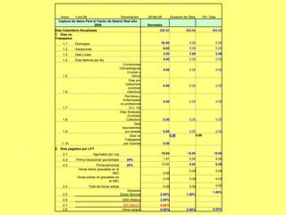 FALSO


   Inicio:  1-oct-08                       Terminación:          28-feb-09          Duración de Obra          151 Dias
  Captura de datos Para el Factor de Salario Real año
                         2009                                    Normales
Días Calendario Anualizado                                              366.00                365.00                365.00
1. Días no
Trabajados
    1.1     Domingos                                                     52.00                  0.00                     0.00
    1.2     Vacaciones                                                       6.02               0.00                     0.00
    1.3     Dias Lunes                                                       3.00               2.00                     2.00
    1.4     Días festivos por ley                                            4.00               0.00                     0.00
                                               Condiciones
                                             Climatológicas                  5.00               0.00                     0.00
                                                   (Lluvias y
    1.5                                                Otros)
                                                     Días por
                                                 costumbre                   6.00               0.00                     0.00
                                                    (contrato
    1.6                                           colectivo)
                                                 Permisos y
                                                Enfermedad                   0.00               0.00                     0.00
                                             no profesional
    1.7                                              (3 x .15)
                                             Días Sindicato
                                                   (Contrato
    1.8                                           Colectivo)                 0.00               0.00                     0.00
                                                         Dias
                                               equivalentes
    1.9                                          por arraste                 0.00               0.00                     0.00
                                                      Dias no                       0.00               0.00
                                                 Trabajados
    1.10                                        por Guardia                  0.00
2. Días pagados por LFT
    2.1                  Aguinaldo por Ley                               15.04                 15.00                 15.00
    2.2      Prima Vacacional (porcentaje)        25%                        1.51               0.00                     0.00
    2.3                    Prima dominical        25%                    13.00                  0.00                     0.00
              Horas extras gravables en el
                                                                                                0.00                     0.00
                                      SBC                                    0.00
              Horas extras no gravables en
                                                                             0.00               0.00                     0.00
                                   el SBC
    2.4              Total de Horas extras                                   0.00               0.00                     0.00
                                                 Impuesto
                                                                                                                    1.50%
    2.5                                      Sobre Nómina                2.00%                1.50%
    2.6                                        SAR (Retiro)              2.00%
    2.7                                        INFONAVIT                 5.00%
    2.8                                        Otros cargos              0.00%                0.00%                 0.00%
 