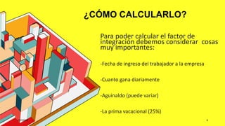 ¿CÓMO CALCULARLO?
1/07/20XX 9
Para poder calcular el factor de
integración debemos considerar cosas
muy importantes:
-Fecha de ingreso del trabajador a la empresa
-Cuanto gana diariamente
-Aguinaldo (puede variar)
-La prima vacacional (25%)
 