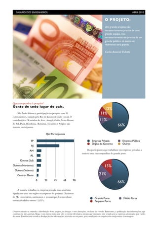 O autor autoriza e estimula a distribuição deste arquivo, na íntegra e sem alterações, em listas de e-mails. Entretanto, a publicação das informações aqui
contidas em sites, portais, blogs, e em outros meios que não o correio eletrônico, mesmo que em parte, está vetada sem a expressa autorização por escrito
do autor. Também está vetada a divulgação das informações, em todo ou em parte, por e-mail caso este arquivo não esteja anexo à mensagem.
Quem respondeu à pesquisa?
Gente de todo lugar do país.
São Paulo liderou a participação na pesquisa com 89
colaboradores, seguido pelo Rio de Janeiro de onde vieram 54
contribuições. Os estados do Acre, Amapá, Goiás, Mato Grosso
do Sul, Piauí, Rondonia, Roraima, Tocantins e Sergipe não
tiveram participantes.
A maioria trabalha em empresa privada, mas uma fatia
signiﬁcante atua em orgãos ou empresas do governo. O número
de PJs, empresários, autônomos, e pessoas que desempenham
outras atividades somou 11,85%.
SP
RJ
AM
AL
Outros (Sul)
Outros (Nordeste)
Outros (Sudeste)
Centro- Oeste
0 23 45 68 90
Qtd Participantes
Dos participantes que trabalham em empresas privadas, a
maioria atua em companhias de grande porte.
66%
11%
11%
12%
Empresa Privada Empresa Pública
Órgão do Governo Outros
66%
21%
13%
Grande Porte Médio Porte
Pequeno Porte
O PROJETO:
Um grande projeto, não
necessariamente precisa de uma
grande equipe, mas
necessariamente ele precisa de um
grande público; só assim ele
realmente será grande.
Carla Amaral Vidotti
SALÁRIO DOS ENGENHEIROS	

 ABRIL 2010
 