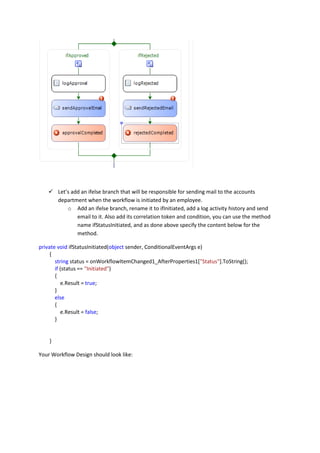  Let’s add an ifelse branch that will be responsible for sending mail to the accounts
department when the workflow is initiated by an employee.
o Add an ifelse branch, rename it to ifInitiated, add a log activity history and send
email to it. Also add its correlation token and condition, you can use the method
name ifStatusInitiated, and as done above specify the content below for the
method.
private void ifStatusInitiated(object sender, ConditionalEventArgs e)
{
string status = onWorkflowItemChanged1_AfterProperties1["Status"].ToString();
if (status == "Initiated")
{
e.Result = true;
}
else
{
e.Result = false;
}
}
Your Workflow Design should look like:
 