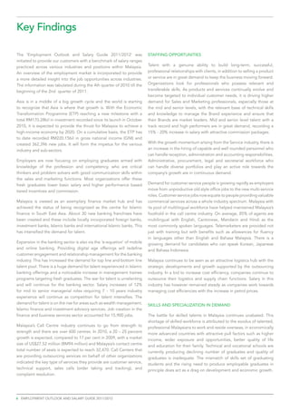 Key Findings

The ‘Employment Outlook and Salary Guide 2011/2012’ was                  Staffing opportunities
initiated to provide our customers with a benchmark of salary ranges
practiced across various industries and positions within Malaysia.       Talent with a genuine ability to build long-term, successful,
An overview of the employment market is incorporated to provide          professional relationships with clients, in addition to selling a product
a more detailed insight into the job opportunities across industries.    or service are in great demand to keep the business moving forward.
The information was tabulated during the 4th quarter of 2010 till the    Organizations look for professionals who possess relevant and
beginning of the 2nd quarter of 2011.                                    transferable skills. As products and services continually evolve and
                                                                         become targeted to individual customer needs, it is driving higher
Asia is in a middle of a big growth cycle and the world is starting      demand for Sales and Marketing professionals, especially those at
to recognize that Asia is where that growth is. With the Economic        the mid and senior levels, with the relevant base of technical skills
Transformation Programme (ETP) reaching a new milestone with a           and knowledge to manage the Brand experience and ensure that
total RM170.28bil in investment recorded since its launch in October     their Brands are market leaders. Mid and senior level talent with a
2010, it is expected to provide the thrust for Malaysia to achieve a     track record and high performers are in great demand, recording a
high-income economy by 2020. On a cumulative basis, the ETP has          15% - 20% increase in salary with attractive commission packages.
to date recorded RM220.15bil in gross national income (GNI) and
created 362,396 new jobs. It will form the impetus for the various       With the growth momentum arising from the Service industry, there is
industry and sub-sectors.                                                an increase in the hiring of capable and well rounded personnel who
                                                                         can handle reception, administration and accounting responsibilities.
Employers are now focusing on employing graduates armed with             Administrative, procurement, legal and secretarial workforce who
knowledge of the profession and competency, who are critical             can handle diverse portfolios and play an active role towards the
thinkers and problem solvers with good communication skills within       company’s growth are in continuous demand.
the sales and marketing functions. Most organizations offer these
fresh graduates lower basic salary and higher performance based          Demand for customer service people is growing rapidly as employers
tiered incentives and commission.                                        move from unproductive old style office jobs to the new multi-service
                                                                         roles. Customer service jobs now equate to people providing valuable
Malaysia is viewed as an exemplary finance market hub and has            commercial services across a whole industry spectrum. Malaysia with
achieved the status of being recognized as the centre for Islamic        its pool of multilingual workforce have helped maintained Malaysia’s
finance in South East Asia. About 30 new banking franchises have         foothold in the call centre industry. On average, 85% of agents are
been created and these include locally incorporated foreign banks,       multilingual with English, Cantonese, Mandarin and Hindi as the
investment banks, Islamic banks and international Islamic banks. This    most commonly spoken languages. Telemarketers are provided not
has intensified the demand for talent.                                   just with training but with benefits such as allowances for fluency
                                                                         in languages other than English and Bahasa Malaysia. There is a
Expansion in the banking sector is also via the ‘e-equation’ of mobile   growing demand for candidates who can speak Korean, Japanese
and online banking. Providing digital age offerings will redefine        and Bahasa Indonesia.
customer engagement and relationship management for the banking
industry. This has increased the demand for top line and bottom line     Malaysia continues to be seen as an attractive logistics hub with the
talent pool. There is a huge demand for talent experienced in Islamic    strategic developments and growth supported by the outsourcing
banking offerings and a noticeable increase in management trainee        industry. In a bid to increase cost efficiency, companies continue to
programs targeting fresh graduates. The war for talent is unrelenting    outsource their logistics and supply chain functions. Salary in this
and will continue for the banking sector. Salary increases of 12%        industry has however remained steady as companies work towards
for mid to senior managerial roles requiring 7 - 10 years industry       managing cost efficiencies with the increase in petrol prices.
experience will continue as competition for talent intensifies. The
demand for talent is on the rise for areas such as wealth management,    SKILLS AND SPECIALIZATION IN DEMAND
Islamic finance and investment advisory services. Job creation in the
finance and business services sector accounted for 15,900 jobs.          The battle for skilled talents in Malaysia continues unabated. This
                                                                         shortage of skilled workforce is attributed to the exodus of talented,
Malaysia’s Call Centre industry continues to go from strength to         professional Malaysians to work and reside overseas, in economically
strength and there are over 600 centres. In 2010, a 20 – 25 percent      more advanced countries with attractive pull factors such as higher
growth is expected, compared to 17 per cent in 2009, with a market       income, wider exposure and opportunities, better quality of life
size of US$27.52 million (RM94 million) and Malaysia’s contact centre    and education for their family. Technical and vocational schools are
total number of seats is expected to reach 32,470. Call Centers that     currently producing declining number of graduates and quality of
are providing outsourcing services on behalf of other organizations      graduates is inadequate. The mismatch of skills set of graduating
indicated the key type of services they provide are customer service,    students and the rising need to produce employable graduates in
technical support, sales calls (order taking and tracking), and          principle does act as a drag on development and economic growth.
complaint resolution.




6 employment outlook and salary guide 2011/2012
 