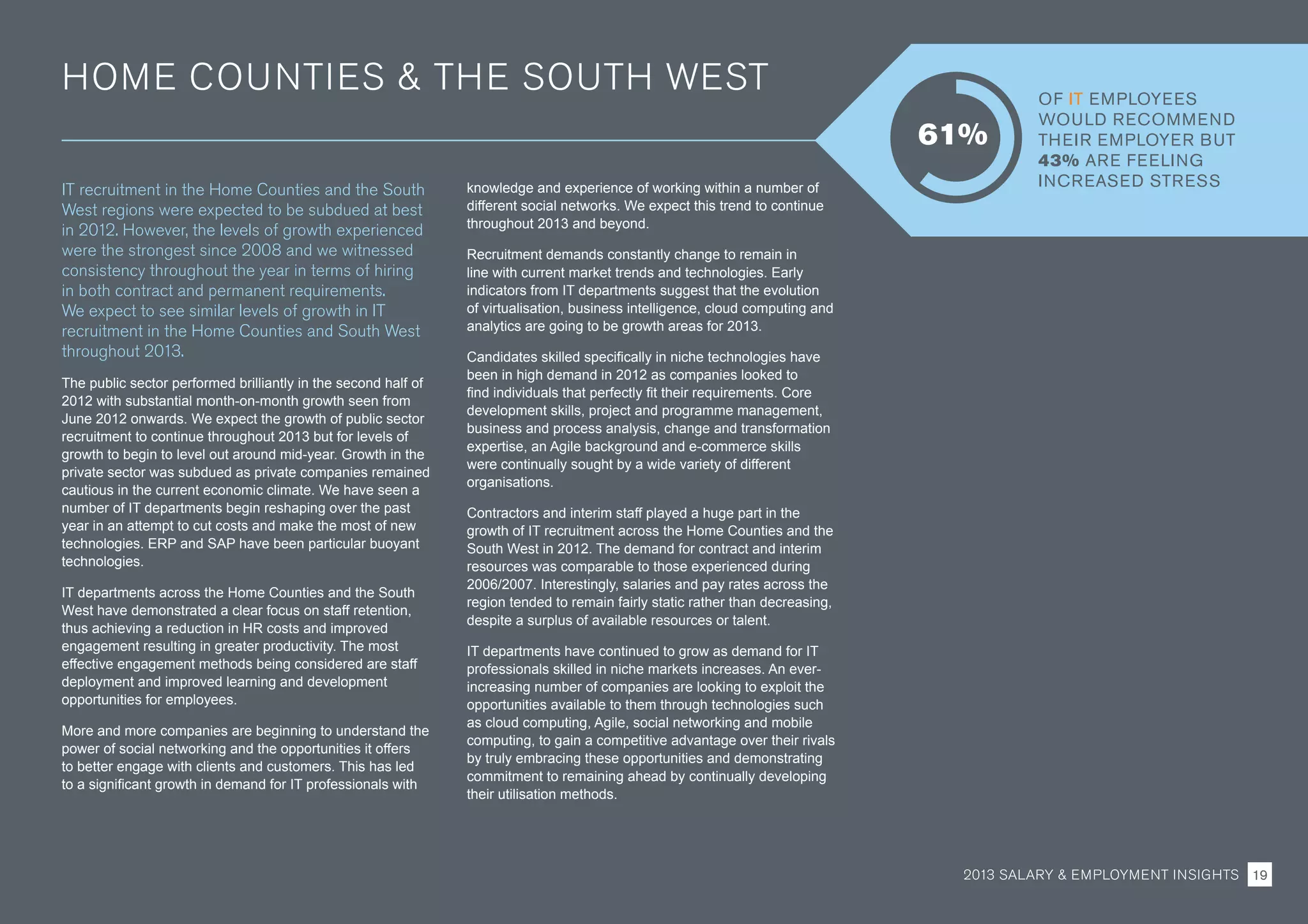HOME COUNTIES  THE SOUTH WEST
IT recruitment in the Home Counties and the South
West regions were expected to be subdued at best
in 2012. However, the levels of growth experienced
were the strongest since 2008 and we witnessed
consistency throughout the year in terms of hiring
in both contract and permanent requirements.
We expect to see similar levels of growth in IT
recruitment in the Home Counties and South West
throughout 2013.
The public sector performed brilliantly in the second half of
2012 with substantial month-on-month growth seen from
June 2012 onwards. We expect the growth of public sector
recruitment to continue throughout 2013 but for levels of
growth to begin to level out around mid-year. Growth in the
private sector was subdued as private companies remained
cautious in the current economic climate. We have seen a
number of IT departments begin reshaping over the past
year in an attempt to cut costs and make the most of new
technologies. ERP and SAP have been particular buoyant
technologies.
IT departments across the Home Counties and the South
West have demonstrated a clear focus on staff retention,
thus achieving a reduction in HR costs and improved
engagement resulting in greater productivity. The most
effective engagement methods being considered are staff
deployment and improved learning and development
opportunities for employees.
More and more companies are beginning to understand the
power of social networking and the opportunities it offers
to better engage with clients and customers. This has led
to a significant growth in demand for IT professionals with
knowledge and experience of working within a number of
different social networks. We expect this trend to continue
throughout 2013 and beyond.
Recruitment demands constantly change to remain in
line with current market trends and technologies. Early
indicators from IT departments suggest that the evolution
of virtualisation, business intelligence, cloud computing and
analytics are going to be growth areas for 2013.
Candidates skilled specifically in niche technologies have
been in high demand in 2012 as companies looked to
find individuals that perfectly fit their requirements. Core
development skills, project and programme management,
business and process analysis, change and transformation
expertise, an Agile background and e-commerce skills
were continually sought by a wide variety of different
organisations.
Contractors and interim staff played a huge part in the
growth of IT recruitment across the Home Counties and the
South West in 2012. The demand for contract and interim
resources was comparable to those experienced during
2006/2007. Interestingly, salaries and pay rates across the
region tended to remain fairly static rather than decreasing,
despite a surplus of available resources or talent.
IT departments have continued to grow as demand for IT
professionals skilled in niche markets increases. An ever-
increasing number of companies are looking to exploit the
opportunities available to them through technologies such
as cloud computing, Agile, social networking and mobile
computing, to gain a competitive advantage over their rivals
by truly embracing these opportunities and demonstrating
commitment to remaining ahead by continually developing
their utilisation methods.
OF IT EMPLOYEES
WOULD RECOMMEND
THEIR EMPLOYER BUT
43% ARE FEELING
INCREASED STRESS
61%
2013 SALARY  EMPLOYMENT INSIGHTS 19
 