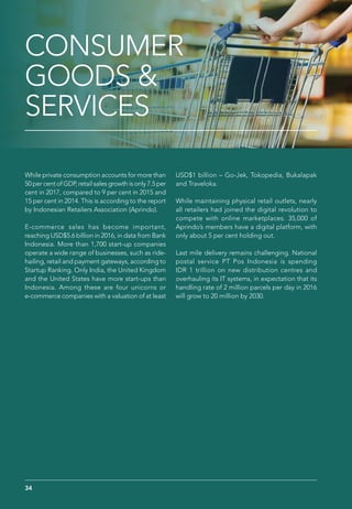 CONSUMER
GOODS &
SERVICES
While private consumption accounts for more than
50 per cent of GDP, retail sales growth is only 7.5 per
cent in 2017, compared to 9 per cent in 2015 and
15 per cent in 2014. This is according to the report
by Indonesian Retailers Association (Aprindo).
E-commerce sales has become important,
reaching USD$5.6 billion in 2016, in data from Bank
Indonesia. More than 1,700 start-up companies
operate a wide range of businesses, such as ride-
hailing, retail and payment gateways, according to
Startup Ranking. Only India, the United Kingdom
and the United States have more start-ups than
Indonesia. Among these are four unicorns or
e-commerce companies with a valuation of at least
USD$1 billion – Go-Jek, Tokopedia, Bukalapak
and Traveloka.
While maintaining physical retail outlets, nearly
all retailers had joined the digital revolution to
compete with online marketplaces. 35,000 of
Aprindo’s members have a digital platform, with
only about 5 per cent holding out.
Last mile delivery remains challenging. National
postal service PT Pos Indonesia is spending
IDR 1 trillion on new distribution centres and
overhauling its IT systems, in expectation that its
handling rate of 2 million parcels per day in 2016
will grow to 20 million by 2030.
34
 