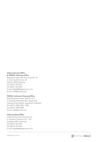 Kelly Corporate Office
& PERSOL Indonesia Office
Mayapada Tower, 6th Floor, Suite 06 - 01
Jl. Jend. Sudirman Kav. 28
Jakarta 12920 Indonesia
Tel: (62) 21 5211873
Tel: (62) 21 5211874
E-mail: kellyjkt@kellyservices.co.id
E-mail: info@persolid.com
PERSOL Indonesia Cikarang Office
Ruko Boulevard Fresno, Blok D, No.1,
Jl. Ganesha Kota Delta Mas, Hegarmukt,
Cikarang Pusat, Bekasi, Jawa Barat, Indonesia
Tel: (62) 21 2909 3895 / 3896
Fax: (62) 21 2909 3894
E-mail: info@persolid.com
Kelly Surabaya Office
Intiland Tower, 2nd Floor Suite 16
Jl. Panglima Sudirman 101 - 103
Surabaya 60271 Indonesia
Tel: (62) 21 5211873
Tel: (62) 21 5211874
E-mail: kellyjkt@kellyservices.co.id
A PERSOLKELLY Company
 