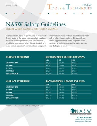 SOCIAL WORK SALARIES ARE HIGHLY VARIABLE
NASW Salary Guidelines
Salaries can vary based on gender, level of social work
de...