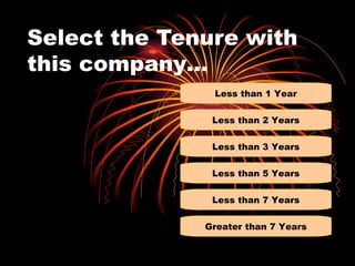 Select the Tenure with this company Less than 1 Year Less than 2 Years Less than 3 Years Less than 5 Years Less than 7 Years Greater than 7 Years 