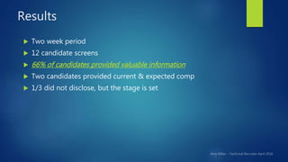 Results
 Two week period
 12 candidate screens
 66% of candidates provided valuable information
 Two candidates provid...