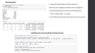 #Encoding data
1. Import the Label-Encoder class from scikit-learn
Iterate over each categorical variable in the list 'categorical’
2. found the data types of all columns in the Data Frame.
There is 2 type of data : int, object.
3. df. head() to get information of the data of rows and columns
# Splitting the train-test split & # Scaling the data
 