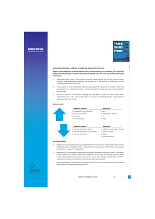 Temp




                                                                                                                                                2010
                                                                                                                      Salary
Salary Survey
                                                                                                                      Primer
                                                                                                                      Trend analysis and a compilation of
                                                                                                                      salaries for temporary jobs across
                                                                                                                      various functions, industries and
                                                                                                                                                   TM
                                                                                                                      cities in India by TeamLease




                      WHERE SALARIES ARE HEADED IN 2010: AN INDUSTRY OPINION

                      As part of the endeavour to deliver better salary decision value to our audience, we sought the
                      opinion of the industry on where payouts are headed over the next 12 months. Some key
                      takeaways -

                      1.   Respondents were mixed in their views on whether salary payouts had reached irrational levels.
                           However, most respondents observed that industry is in the process of rationalizing or has
                           rationalized salary payouts by now.

                      2.   A view shared by most respondents was that salary growth trends would be mixed for 2010. The
                           visual below is an illustration of sectors where respondents feel salaries would be incremented /
                           decremented.

                      3.   Industry is seen to be cautiously treading the path when it comes to salary raises. Some
                           respondents were of the opinion that salaries are being incremented with the sole purpose of
                           keeping up employee morale.


                      Sector trends


                                                     MANUFACTURING                                 SERVICES
                                                     Automobile / Auto Ancillaries                 BFSI
                                                     Consumer Durables                             Healthcare & Pharma
                                                     Oil & Gas                                     IT
                                                     Power & Energy                                ITeS




                                                     MANUFACTURING                                 SERVICES
                                                     Agriculture & Allied Products                 Education Institutions & Training
                                                     Industrial Manufacturing / Products           Export & Import
                                                     Printing / Publishing                         Retail
                                                                                                   Travel & Tourism


                      Our Conclusions:

                           Infrastructure and essential services, as well as the IT / ITeS industry – sectors that largely employ
                           skilled labour and knowledge workers – are expected to raise salaries. The raise here is expected to
                           be significant – between 7.5% and 15%

                           Manufacturing industries and traditional services sector businesses (except for Retail), that mostly
                           employ relatively less skilled / semi-skilled workforce, are not likely to increment payouts. Salary
                           trends in these sectors are expected to remain flat – as has been the case over the last 12 months –
                           implying that a large part of industry is still cautious about salary spends.

                           Salary rationalization is a felt need and industry would continue to take baby steps towards being
                           more generous in rewarding talent during 2010




 Staffing Solutions


                                                            www.teamlease.com                                                                           18
 