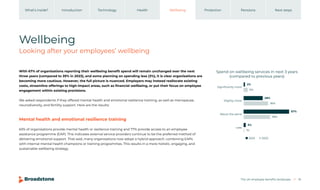 The UK employee benefits landscape 16
Introduction Technology Health Wellbeing Protection Pensions
What’s inside? Next steps
Wellbeing
Looking after your employees’ wellbeing
Mental health and emotional resilience training
63% of organisations provide mental health or resilience training and 77% provide access to an employee
assistance programme (EAP). This indicates external service providers continue to be the preferred method of
delivering emotional support. That said, many organisations now adopt a hybrid approach, combining EAPs
with internal mental health champions or training programmes. This results in a more holistic, engaging, and
sustainable wellbeing strategy.
With 67% of organisations reporting their wellbeing benefit spend will remain unchanged over the next
three years (compared to 39% in 2023), and some planning on spending less (3%), it is clear organisations are
becoming more cautious. However, the full picture is nuanced. Employers may instead reallocate existing
costs, streamline offerings to high-impact areas, such as financial wellbeing, or put their focus on employee
engagement within existing provisions.
We asked respondents if they offered mental health and emotional resilience training, as well as menopause,
neurodiversity, and fertility support. Here are the results:
Signiﬁcantly more
Slightly more
About the same
Spend on wellbeing services in next 3 years
(compared to previous years)
2%
6%
28%
36%
67%
39%
Less
3%
1%
2025 2023
 