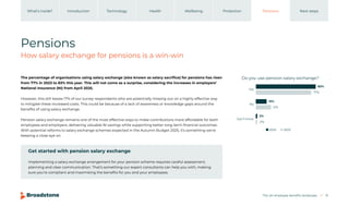 The UK employee benefits landscape 31
Introduction Technology Health Wellbeing Protection Pensions
What’s inside? Next steps
Pensions
How salary exchange for pensions is a win-win
The percentage of organisations using salary exchange (also known as salary sacrifice) for pensions has risen
from 77% in 2023 to 83% this year. This will not come as a surprise, considering the increases in employers’
National Insurance (NI) from April 2025.
However, this still leaves 17% of our survey respondents who are potentially missing out on a highly effective way
to mitigate these increased costs. This could be because of a lack of awareness or knowledge gaps around the
benefits of using salary exchange.
Pension salary exchange remains one of the most effective ways to make contributions more affordable for both
employees and employers, delivering valuable NI savings while supporting better long-term financial outcomes.
With potential reforms to salary exchange schemes expected in the Autumn Budget 2025, it’s something we’re
keeping a close eye on.
Get started with pension salary exchange
Implementing a salary exchange arrangement for your pension scheme requires careful assessment,
planning and clear communication. That’s something our expert consultants can help you with, making
sure you’re compliant and maximising the benefits for you and your employees.
Yes
No
Don’t know
Do you use pension salary exchange?
83%
77%
15%
21%
2%
2%
2025 2023
 