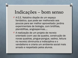 Indicações – bom senso A E.E. Natalino dispõe de um espaço fantástico, que pode ser melhorado aos poucos para ser melhor aproveitado: jardins experimentais de biologia, com briófitas, pteridófitas, angiospermas.... A realização de um projeto de recreio orientado (com uso da quadra, construção de novas quadras, pingue-pongue, xadrez, leitura no recreio) diminuiria a indisciplina e o vandalismo e criaria um ambiente social mais amado e respeitado pelos alunos. 