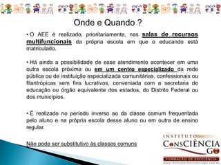 Onde e Quando ?
• O AEE é realizado, prioritariamente, nas salas de recursos
multifuncionais da própria escola em que o educando está
matriculado.

• Há ainda a possibilidade de esse atendimento acontecer em uma
outra escola próxima ou em um centro especializado da rede
pública ou de instituição especializada comunitárias, confessionais ou
filantrópicas sem fins lucrativos, conveniada com a secretaria de
educação ou órgão equivalente dos estados, do Distrito Federal ou
dos municípios.


• É realizado no período inverso ao da classe comum frequentada
pelo aluno e na própria escola desse aluno ou em outra de ensino
regular.


Não pode ser substitutivo às classes comuns
 