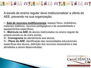 A escola de ensino regular deve institucionalizar a oferta do
AEE, prevendo na sua organização:

I - Sala de recursos multifuncionais: espaço físico, mobiliários,
materiais didáticos, recursos pedagógicos e de acessibilidade e
equipamentos específicos;
II - Matrícula no AEE de alunos matriculados no ensino regular da
própria escola ou de outra escola;
III - Cronograma de atendimento aos alunos;
IV - Plano do AEE: identificação das necessidades educacionais
específicas dos alunos, definição dos recursos necessários e das
atividades a serem desenvolvidas;
 