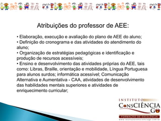 Atribuições do professor de AEE:
• Elaboração, execução e avaliação do plano de AEE do aluno;
• Definição do cronograma e das atividades do atendimento do
aluno;
• Organização de estratégias pedagógicas e identificação e
produção de recursos acessíveis;
• Ensino e desenvolvimento das atividades próprias do AEE, tais
como: Libras, Braille, orientação e mobilidade, Língua Portuguesa
para alunos surdos; informática acessível; Comunicação
Alternativa e Aumentativa - CAA, atividades de desenvolvimento
das habilidades mentais superiores e atividades de
enriquecimento curricular;
 