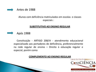 Antes de 1988

    Alunos com deficiência matriculados em escolas e classes
                          especiais :

              SUBSTITUTIVO AO ENSINO REGULAR

  Após 1988

  Constituição - ARTIGO 208/III - atendimento educacional
especializado aos portadores de deficiência, preferencialmente
na rede regular de ensino – Direito à educação regular e
especial, porém como

             COMPLEMENTO AO ENSINO REGULAR
 