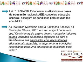 Lei n°. 9.394/96. Estabelece as diretrizes e bases
da educação nacional: AEE, conceitua educação
especial, assegura as condições para educandos
com NEEs.

As Diretrizes Nacionais para a Educação Especial na
Educação Básica, 2001, em seu artigo 2° orientam
que:"Os sistemas de ensino devem matricular todos os
alunos, cabendo às escolas organizar-se para o
atendimento aos educandos com necessidades
educacionais especiais, assegurando as condições
necessárias para uma educação de qualidade para
todos".
 