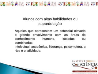 Alunos com deficiência Aqueles que têm impedimentos de longo prazo de natureza física, intelectual, mental ou sensorial, os quais, em interação com diversas barreiras, podem ter obstruído sua participação plena e efetiva na escola e na sociedade; 