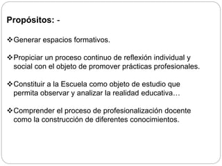 Propósitos: -
Generar espacios formativos.
Propiciar un proceso continuo de reflexión individual y
social con el objeto de promover prácticas profesionales.
Constituir a la Escuela como objeto de estudio que
permita observar y analizar la realidad educativa…
Comprender el proceso de profesionalización docente
como la construcción de diferentes conocimientos.
 