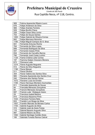 Prefeitura Municipal de Cruzeiro
Estado de São Paulo
Rua Capitão Neco, nº 118, Centro.
989 Fatima Aparecida Ribeiro Lauro
676 Felipe Anderson da Silva
966 Felipe Arantes Ferreira
939 Felipe Bonfim Paiva
228 Felipe Cesar Silva Junior
753 Felipe de Souza Santos
1265 Felipe Gabriel de Oliveira Correa
842 Felipe Marciano Noronha
1180 Felipe Miguel Campos de O. Braz
841 Fernanda Antunes Rocha
764 Fernanda da Silva Lopes
689 Fernanda Rodrigues da Silva
547 Fernando Cassio Pinto
834 Fernando de Carvalho Barros
790 Fernando José Costa Luchini
1129 Fiama Cristina Leite Correa
197 Fiamma Gialain Graciano Moreira
673 Filomena Leite
1214 Flavia Augusta Nogueira
512 Flavia da Silva Nogueira
1196 Flavia Marçal
511 Flavia Oliveira
304 Flavia Valeria dos Santos Silva
985 Flaviane Aparecida dos Santos Cruz
240 Flaviane dos Santos Ferraz
1072 Flaviane Luiza do Emidio
1106 Flavio Henrique Monteiro Guimarães
811 Franciele Aparecida de Sousa
84 Franciele Menezes Gonçalves
85 Francini Menezes Gonçalves
687 Francis Luter Walaquis Inácio
29 Francisca Isabel Martins
810 Francisca Nazarina Pinto
1032 Francisco Ferreira Neto
833 Franklin Luiz Braga da Silva
1007 Franklin Marcelo de Moraes Carlos
1193 Gabriel Augusto da Silva
315 Gabriel José de Assis Farias
116 Gabriel Nazario Augusto Silva
987 Gabriel Ribeiro da Silva
1092 Gabriel Santiago Cantão Alves
166 Gabriela Foresta Ramos Cabral
 