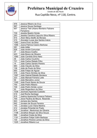 Prefeitura Municipal de Cruzeiro
Estado de São Paulo
Rua Capitão Neco, nº 118, Centro.
876 Jessica Ribeiro da Cruz
967 Jessica Sousa Santiago
957 Jessica Tieli Urbano Monteiro Fabiane
Pamplona
739 Jessika Beatriz Simão
263 Jessika Carolina Capucho Silva Ribeiro
914 Jheni Mery Adolfo de Moraes
215 Jhonatan Lucas dos Santos Inácio
1083 Joana D’arc da Silva
1066 Joana Patricia Caiano Barbosa
281 João Adão
626 João André Comunian
37 João Bosco Coelho
423 João Bosco de Oliveira
1060 João Candido Diniz Neto
39 João Carlos Coutinho
721 João Carlos Rabelo Filho
14 João Carlos Sandro Pereira
983 João Claudio da Silva
136 João de Paulo da Silva
693 João Felipe de Aguiar
578 João Flavio Simões da Silva
1067 João Gabriel Rabello Bordeira
323 João Manoel Ferreira Leite
59 João Marcelino Junior
1240 João Paulo Nares de Souza
745 João Pedro Ribeiro
748 João Pedro Simão Junior
20 João Rogenilson da Silva
1036 Jocimara Aparcida Custodio
619 Joel Rocha Santiago
816 Joelma Aparecida Fonseca Fabiano
700 Joice Paulina de Moura Resende
843 Jomara dos Santos
642 Jonatan de Souza Ferreira
145 Jonatas Lucio Vieira Martins
412 Jonatas Pimentel do Prado
674 Jonathan Alextomazi de Oliveira
1198 Jonathan Brayan da Silva Souza
599 Jonathan Costa da Silva
1191 Jonathan Felipe Valim Barbosa
130 Jonathan Pereira Lemes da Silva
1225 Jonathan Ribeiro Luz
 