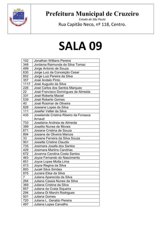 Prefeitura Municipal de Cruzeiro
Estado de São Paulo
Rua Capitão Neco, nº 118, Centro.
SALA 09
102 Jonathan Willians Pereira
348 Jordania Raimunda da Silva Tomaz
499 Jorge Antonio de Souza
630 Jorge Luiz da Conceição Cesar
852 Jorge Luiz Pereira da Silva
357 José Andelo Pinto
1117 José Augusto da Silva
226 José Carlos dos Santos Marques
22 José Francisco Domingues de Almeida
331 José Roberta Maciel
539 José Roberto Gomes
40 José Rosimar de Oliveira
828 Joseane Lopes da Silva
111 Josefer Valter da Silva
435 Joselainde Cristina Ribeiro da Fonseca
Arnaud
733 Joselaine Andreia de Almeida
399 Joselito Nunes de Morais
671 Josiane Cristina de Souza
894 Josiane de Oliveira Marcos
33 Josiane Ferreira da Silva Souza
901 Josiette Cristine Claudio
735 Josimara Josafa dos Santos
429 Josimara Martins Candrias
672 Jovanna Carolina Costa Santos
463 Joyce Fernando do Nascimento
851 Joyce Lopes Motta Lima
413 Joyce Regina da Silva
893 Juceli Silva Simões
875 Juciara Elisa da Silva
7 Juliana Aparecida da Silva
264 Juliana Cassia Nunes da Silva
369 Juliana Cristina da Silva
857 Juliana da Costa Siqueira
294 Juliana Di Marchi Rodrigues
501 Juliana Gomes
720 Juliana L. Geraldo Pereira
497 Juliana Lopes Carvalho
 