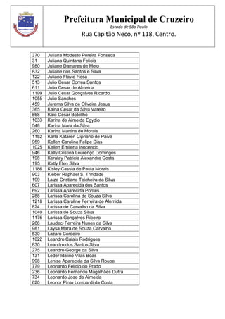 Prefeitura Municipal de Cruzeiro
Estado de São Paulo
Rua Capitão Neco, nº 118, Centro.
370 Juliana Modesto Pereira Fonseca
31 Juliana Quintana Felicio
980 Juliane Damares de Melo
832 Juliane dos Santos e Silva
122 Juliano Flavio Rosa
513 Julio Cesar Correa Santos
611 Julio Cesar de Almeida
1199 Julio Cesar Gonçalves Ricardo
1055 Julio Sanches
459 Jurema Silva de Oliveira Jesus
365 Kaina Cesar da Silva Vareiro
868 Kaio Cesar Botellho
1033 Karina de Almeida Egydio
548 Karina Mara da Silva
260 Karina Martins de Morais
1152 Karla Kataren Cipriano de Paiva
959 Kellen Caroline Felipe Dias
1025 Kellen Emilena Inocencio
946 Kelly Cristina Lourenço Domingos
198 Keralay Patricia Alexandre Costa
195 Ketly Elen Silva
1186 Kisley Cassia de Paula Morais
903 Kleber Raphael S. Trindade
199 Laize Cristiane Teicheira da Silva
607 Larissa Aparecida dos Santos
692 Larissa Aparecida Pontes
288 Larissa Carolina de Souza Silva
1218 Larissa Caroline Ferreira de Alemida
824 Larissa de Carvalho da Silva
1040 Larissa de Souza Silva
1176 Larissa Gonçalves Ribeiro
286 Laudeci Ferreira Nunes da Silva
981 Laysa Mara de Souza Carvalho
530 Lazaro Cordeiro
1022 Leandro Calais Rodrigues
830 Leandro dos Santos Silva
275 Leandro George da Silva
131 Leder Idalino Vilas Boas
998 Lenise Aparecida da Silva Roupe
779 Leonardo Felicio do Prado
236 Leonardo Fernando Magalhães Dutra
734 Leonardo Jose de Almeida
620 Leonor Pinto Lombardi da Costa
 