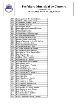 Prefeitura Municipal de Cruzeiro
Estado de São Paulo
Rua Capitão Neco, nº 118, Centro.
309 Lucia Aparecida dos Santos Souza
747 Lucia de Fátima Ferraz Souza
302 Lucia Helena da Silva Castro
500 Lucia Helena de Souza
847 Lucia Helena Marins
591 Luciana Campos Souza de Noronha
401 Luciana Cristina Melo
969 Luciana da Silva Lobo
492 Luciane Cristina Simões Borges
55 Luciano de Oliveira Miguel
1134 Luciano Teodoro dos Santos
1229 Lucielen Monteiro de Araujo
1005 Luciene Aparecida de Almeida Martins
628 Lucilena dos Santos Silva
754 Lucimara de Fátima Nogueira
803 Lucimara de Oliveira Lopes
1119 Lucimara de Oliveira Rodrigues
838 Lucimara Rodrigues Machado
722 Lucimeire de Fatima Caetano Silva
596 Lucy Mara Lemos
650 Ludger Magna Resende
781 Ludimila Taiana Lourenço
12 Ludmila Dias de Carvalho
540 Ludmila Leticia Caetano Pereira
532 Luiz Augusto Jacob
1075 Luiz Carlos Silvestre Pereira
95 Luiz Claudio Pereira
1115 Luiz Claudio Sampaio Macedo
1230 Luiz Donizete Nogueira
261 Luiz Eduardo Rocha Azevedo
322 Luiz Eduardo Siqueira
1105 Luiz Fabio Silva
404 Luiz Felipe Gomes Mendes
715 Luiz Fernando da Silva
866 Luiz Fernando de Marins
250 Luiz Fernando Dias da Silva
82 Luiz Fernando Olimpio
376 Luiz Gustavo de Oliveira Gouvea
1059 Luiz Marcelo de Assis Correa
1239 Luiz Paulo Faria Lemos
8 Luiz Rafael Ribeiro Barbosa
110 Luiz Ricardo da Silva
925 Luyse Carolina Aquino de Azevedo
 