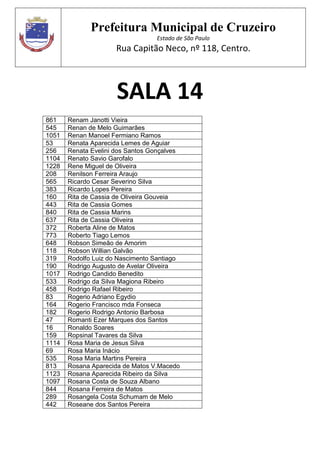 Prefeitura Municipal de Cruzeiro
Estado de São Paulo
Rua Capitão Neco, nº 118, Centro.
SALA 14
861 Renam Janotti Vieira
545 Renan de Melo Guimarães
1051 Renan Manoel Fermiano Ramos
53 Renata Aparecida Lemes de Aguiar
256 Renata Evelini dos Santos Gonçalves
1104 Renato Savio Garofalo
1228 Rene Miguel de Oliveira
208 Renilson Ferreira Araujo
565 Ricardo Cesar Severino Silva
383 Ricardo Lopes Pereira
160 Rita de Cassia de Oliveira Gouveia
443 Rita de Cassia Gomes
840 Rita de Cassia Marins
637 Rita de Cassia Oliveira
372 Roberta Aline de Matos
773 Roberto Tiago Lemos
648 Robson Simeão de Amorim
118 Robson Willian Galvão
319 Rodolfo Luiz do Nascimento Santiago
190 Rodrigo Augusto de Avelar Oliveira
1017 Rodrigo Candido Benedito
533 Rodrigo da Silva Magiona Ribeiro
458 Rodrigo Rafael Ribeiro
83 Rogerio Adriano Egydio
164 Rogerio Francisco mda Fonseca
182 Rogerio Rodrigo Antonio Barbosa
47 Romanti Ezer Marques dos Santos
16 Ronaldo Soares
159 Ropsinal Tavares da Silva
1114 Rosa Maria de Jesus Silva
69 Rosa Maria Inácio
535 Rosa Maria Martins Pereira
813 Rosana Aparecida de Matos V.Macedo
1123 Rosana Aparecida Ribeiro da Silva
1097 Rosana Costa de Souza Albano
844 Rosana Ferreira de Matos
289 Rosangela Costa Schumam de Melo
442 Roseane dos Santos Pereira
 