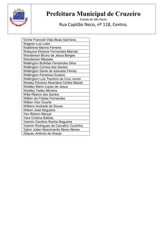 Prefeitura Municipal de Cruzeiro
Estado de São Paulo
Rua Capitão Neco, nº 118, Centro.
Vivine Francieli Vilas Boas Sant’ana
Wagner Luiz Lobo
Waldirene Marins Ferreira
Walquiria Eliziane Fernandes Manoel
Wanderson Bruno de Jesus Borges
Wanderson Messias
Wellington Bulhões Fernandes Silva
Wellington Correia dos Santos
Wellington Denis de Azevedo Ferraz
Wellington Ferreirea Gustino
Wellington Luis Teodoro da Cruz Junior
Wesley Edvanio Alcantara Cortes Maciel
Weslley Mario Lopes de Jesus
Weslley Tadeu Moreira
Willa Ribeiro dos Santos
Willian de Freitas Fernandes
Willian Vitor Duarte
Willians Andrade de Sousa
Wilson José Nogueira
Yan Ribeiro Marçal
Yara Cristina Batista
Yasmin Caroline Rocha Nogueira
Yasmin Rodrigues de Carvalho Coutinho
Yghor Julian Nascimento Abreu Neves
Zaqueu Antonio de Araujo
 