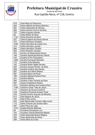 Prefeitura Municipal de Cruzeiro
Estado de São Paulo
Rua Capitão Neco, nº 118, Centro.
919 Carla Niely do Patrocinio
542 Carlos Alberto da Rocha Moreirra
891 Carlos Alexandre de Oliveira
956 Carlos Antonio Puccini de Brito
703 Carlos Augusto Gomes
96 Carlos Bento da Silva
1132 Carlos Eduardo da Silva
327 Carlos Eugenio de Souza Garcia
316 Carlos Henrique Chrispim
1046 Carlos Henrique da Costa Cruz
414 Carlos Henrique Jacinto
886 Carlos Henrique Travilho
605 Carlos Roberto Candido
975 Carmen do Nascimento Souza
168 Carolina Aparecida Ramos Cabral
740 Carolina D Arc Chiquetano
1009 Carolina Fernanda Salvador
774 Carolina Pinto Miranda
192 Carolina Rolim Salles Seviero
645 Caroline Cassia Pereira da Silva
608 Caroline Cristina dos Santos
897 Caroline de Fátima Ribeiro
887 Caroline Maria de Paula
186 Caroline Matoso Pereira Pinto
431 Caroline Ribeiro
584 Caroline Vivian Ferreira da Silva
567 Cassia Auxiliadora Pereira
270 Cassiano Adriano da Fonseca Silva
1188 Cassiano Cloris Telis de Jesus
171 Cassiano de Souza Coutinho
418 Cassiano Emanuel Gussen Faria
276 Cecilia Ferreira Augusto de Miranda
612 Celia Regina de Jesus
732 Celio Freire Junior
243 Celio Marcondes Ferreira Valle Junior
112 Celma Chaves dos Santos Silva
367 Celso Paiva do Lago
1216 Charles Barreto Barbosa
68 Christiane Gonçalves Luiz
162 Chrystian Ozeres Mixandra Batista
224 Cintia Aparecida Bueno Magina
355 Cintia Aparecida de Abreu
268 Cintia Silvia da Costa
 