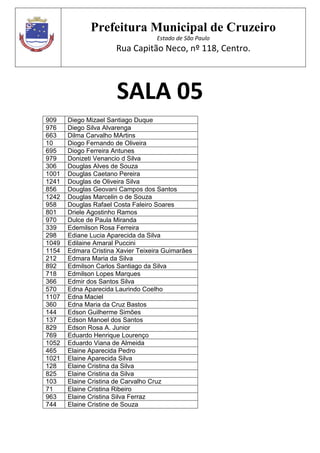 Prefeitura Municipal de Cruzeiro
Estado de São Paulo
Rua Capitão Neco, nº 118, Centro.
SALA 05
909 Diego Mizael Santiago Duque
976 Diego Silva Alvarenga
663 Dilma Carvalho MArtins
10 Diogo Fernando de Oliveira
695 Diogo Ferreira Antunes
979 Donizeti Venancio d Silva
306 Douglas Alves de Souza
1001 Douglas Caetano Pereira
1241 Douglas de Oliveira Silva
856 Douglas Geovani Campos dos Santos
1242 Douglas Marcelin o de Souza
958 Douglas Rafael Costa Faleiro Soares
801 Driele Agostinho Ramos
970 Dulce de Paula Miranda
339 Edemilson Rosa Ferreira
298 Ediane Lucia Aparecida da Silva
1049 Edilaine Amaral Puccini
1154 Edmara Cristina Xavier Teixeira Guimarães
212 Edmara Maria da Silva
892 Edmilson Carlos Santiago da Silva
718 Edmilson Lopes Marques
366 Edmir dos Santos Silva
570 Edna Aparecida Laurindo Coelho
1107 Edna Maciel
360 Edna Maria da Cruz Bastos
144 Edson Guilherme Simões
137 Edson Manoel dos Santos
829 Edson Rosa A. Junior
769 Eduardo Henrique Lourenço
1052 Eduardo Viana de Almeida
465 Elaine Aparecida Pedro
1021 Elaine Aparecida Silva
128 Elaine Cristina da Silva
825 Elaine Cristina da Silva
103 Elaine Cristina de Carvalho Cruz
71 Elaine Cristina Ribeiro
963 Elaine Cristina Silva Ferraz
744 Elaine Cristine de Souza
 