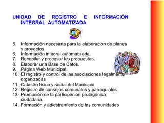 UNIDAD DE REGISTRO E INFORMACIÓN INTEGRAL  AUTOMATIZADA Información necesaria para la elaboración de planes y proyectos. Información integral automatizada. Recopilar y procesar las propuestas. Elaborar una Base de Datos. Página Web Municipal. El registro y control de las asociaciones legalmente organizadas Catastro físico y social del Municipio Registro de consejos comunales y parroquiales Promoción de la participación protagónica ciudadana. Formación y adiestramiento de las comunidades 