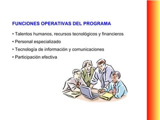 FUNCIONES OPERATIVAS DEL PROGRAMA  Talentos humanos, recursos tecnológicos y financieros  Personal especializado Tecnología de información y comunicaciones  Participación efectiva 