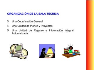 ORGANIZACIÓN DE LA SALA TECNICA Una Coordinación General Una Unidad de Planes y Proyectos Una Unidad de Registro e Información Integral Automatizada. 