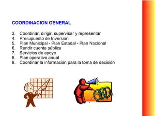 COORDINACION GENERAL  Coordinar, dirigir, supervisar   y representar Presupuesto de Inversión Plan Municipal - Plan Estadal - Plan Nacional Rendir cuenta pública Servicios de apoyo Plan operativo anual Coordinar la información para la toma de decisión 