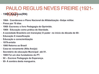 PAULO REGLUS NEVES FREIRE (1921-
1997)• 1963- Angicos(RN)
• 1964- Coordenava o Plano Nacional de Alfabetização -Golpe militar.
• Preso por 70 dias
• 1968- Escreveu o livro Pedagogia do Oprimido.
• 1969- Educação como prática de liberdade.
• A sociedade Brasileira em transição( O poder no início da década de 60-
• Educação X massificação
• Educação e conscientização
• 1979-anistia
• 1980 Retorna ao Brasil
• Casa-se novamente (Nita Araújo)
• Secretário de educação Municipal até 91.
• 1989 Foi um dos fundadores do PT.
• 92 – Escreve Pedagogia da Esperança.
• 95- À sombra desta mangueira.
 