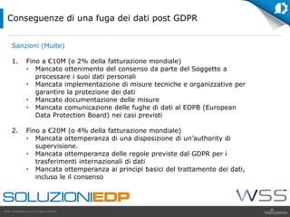 GDPR HelpSystems LLC All rights reserved.
Sanzioni (Multe)
1. Fino a €10M (o 2% della fatturazione mondiale)
• Mancato ottenimento del consenso da parte del Soggetto a
processare i suoi dati personali
• Mancata implementazione di misure tecniche e organizzative per
garantire la protezione dei dati
• Mancato documentazione delle misure
• Mancata comunicazione delle fughe di dati al EDPB (European
Data Protection Board) nei casi previsti
2. Fino a €20M (o 4% della fatturazione mondiale)
• Mancata ottemperanza di una disposizione di un’authority di
supervisione.
• Mancata ottemperanza delle regole previste dal GDPR per i
trasferimenti internazionali di dati
• Mancata ottemperanza ai principi basici del trattamento dei dati,
incluso le il consenso
Conseguenze di una fuga dei dati post GDPR
 
