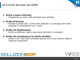 1. Diritto a essere Informati
• Trasparenza su come i dati personali sono utilizzati
2. Diritto all’Accesso
• Accesso ai propri dati, a come sono utilizzati e a qualunque altro dato
utilizzato in combinazione con i vostri.
3. Diritto alla Rettificazione
• Diritto a rettificare i dati in caso siano incorretti o incompleti
4. Diritto alla cancellazione (ex diritto all’oblio)
• Diritto a che i dati siano cancellati quando non c’è più nessuna ragione
valida per conservarli
Gli 8 Diritti derivanti dal GDPR
 