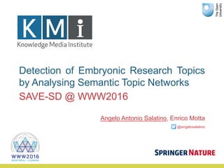 Detection of Embryonic Research Topics
by Analysing Semantic Topic Networks
Angelo Antonio Salatino, Enrico Motta
@angelosalatino
SAVE-SD @ WWW2016
 