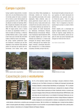 Campo rupestre
Campo rupestre, classicamente, é conside-          rizomas e/ou folhas; folhas espiraladas ou           As principais formações rochosas dos cam-
rado como uma das fitofisionomias do bio-          imbricadas, cobertas por tricomas e/ou               pos rupestres, em ordem decrescente de
ma Cerrado, apesar de muitos o considera-          cera; caducifólia pronunciada, entre outras          predominância, são: quartzito (rocha rica
rem um bioma a parte. Está localizado nas          adaptações. Neste ambiente, estas es-                no mineral de quartzo – foto 2) e canga
partes geralmente acima de 1000 metros             pécies geralmente crescem sobre ou nas               lateritica (rocha rica em minério de ferro e
de altitude da Cadeia do Espinhaço (MG e           fendas das rochas, muitas vezes sobre uma            fósforo – foto 1). A segunda é a mais ame-
BA), Chapada dos Veadeiros (GO), Quadri-           camada fina de solo ácido, arenoso e escu-           açada porque sua base é o próprio minério
látero Ferrífero (MG) e Serra da Canastra          ro. As famílias botânicas que dominam no             de ferro.
(MG). Em alguns pontos, como a maioria             campo rupestre, em ordem decrescente,                Inhotim trabalha com a conservação de
do entorno do Quadrilátero Ferrífero e o           são: Asteraceae, Orchidaceae, Poaceae,               algumas espécies endêmicas e/ou domi-
leste da Cadeia do Espinhaço, a influência         Melastomataceae, Eriocaulaceae, Vellozia-            nantes em algumas cangas lateríticas do
da Mata Atlântica sobre o campo rupestre           ceae e Xyridaceae. Aproximadamente 30%               município de Brumadinho, através do res-
é bem maior que o Cerrado. No norte desta          das espécies vegetais que ocorrem neste              gate em áreas que serão impactadas pela
Cadeia a influência maior é da Caatinga.           ambiente são endêmicas e a maioria está              extração do minério de ferro (foto 3).
No campo rupestre predominam espé-                 ameaçada de extinção, devido principal-
cies herbáceas e arbustivas que são bem            mente a destruição de seus habitats (pas-            fotos: rubens Custodio da Mota

adaptadas a esse ambiente. Estas espécies          tagens, incêndios, urbanização descontro-
podem ter estruturas de reserva bem de-            lada, mineração etc.) e a coleta predatória
senvolvidas, como bulbos, raízes, caules,          (orquídeas, bromélias, sempre-vivas etc.).




Foto1                                               Foto 2                                              Foto 3
Campo rupestre sobre canga laterítica               Campo rupestre sobre Quartzito                      Resgate florístico em canga



Capacitação para o ecoturismo
                                                           De 14 a 20 de setembro, Gustavo Ferraz, turismólogo e educador ambiental do Inhotim,

                                                           participou do curso “Uso Público e Ecoturismo em Unidades de Conservação” promovido pela

                                                           Fundação O Boticário, na Reserva Natural Salto Morato, em Guaraqueçaba – PR. O conteúdo

                                                           obtido no curso tem importância fundamental para o planejamento da visitação ao Parque

                                                           Tropical e à Reserva Natural, preservada por Inhotim. Atualmente, tramita um processo para

                                                           que seja homologada a Reserva Particular do Patrimônio Natural Inhotim (RPPN Inhotim), onde

                                                           parte dessa área será transformada em uma Unidade de Conservação Federal para uso sus-

                                                           tentável. Gustavo teve também a oportunidade de conhecer a Estação Natureza, localizada em

                                                           Curitiba. A estação tem como intuito aproximar a natureza e a população dos centros urbanos,

 unindo diversão, conhecimento e consciência para conservação da natureza. Além de contribuir com metodologias para o manejo das áreas visitadas e

 avaliar os impactos gerados pela visitação, a participação de Gustavo no curso foi também uma oportunidade de divulgar Inhotim entre os demais partici-

 pantes, e favorecer o intercâmbio com a Fundação O Boticário de Proteção à Natureza.
 
