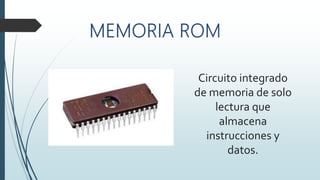 Circuito integrado
de memoria de solo
lectura que
almacena
instrucciones y
datos.
