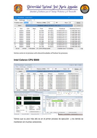 Vemos como en el proceso sufre discontinuidades al finalizar los procesos
Intel Celeron CPU B800
Vemos que su pico más alto es en el primer proceso de ejecución y los demás se
mantienen sin muchas variaciones.
 