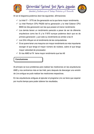 Al ver el diagrama podemos decir las siguientes afirmaciones:
 La Intel i7 – 3770 de 3ra generación es la que tiene mayor rendimiento.
 La Intel Pentium CPU P6200 de1ra generación y la Intel Celeron CPU
B800 de 2da generación son las que poseen el menor rendimiento
 Los demás tienen un rendimiento parecido a pesar de ser de diferente
arquitectura como las i5 y la i7-870 aunque podemos decir que es de
primera generación y por esto su rendimiento es similar a las i5
 Los GHz influyen en el rendimiento de las computadoras
 Si se quiere tener una maquina con mayor rendimiento es más importante
escoger el que tenga el mayor número de núcleos, sobre el que tenga
mayor velocidad de procesador.
 En las AMD la FX tiene mayor rendimiento que las A8
Al principio se tuvo problemas para realizar las mediciones en las arquitecturas
AMD y nos centramos más en las Intel, pero después de descargar una versión
de Linx antigua se pudo realizar las mediciones respectivas.
En las arquitecturas antiguas al ejecutar el programa Linx se tiene que esperar
por mucho tiempo para poder obtener los resultados.
Conclusiones
 